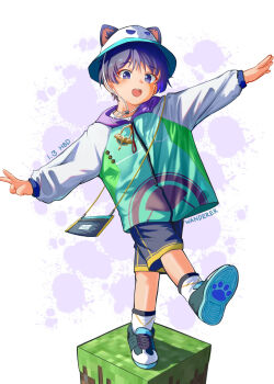 1boy aged_down animal_ears animal_hat aqua_jacket aqua_pupils black_shorts black_trim block_(minecraft) blunt_ends blush brooch bucket cat_ears cat_hat character_name child commentary_request cross-laced_shoes dated eyeliner eyeshadow fake_animal_ears genshin_impact gold_trim green_shoes green_trim hands_up happy_birthday hat highres hood hooded_jacket jacket jewelry long_sleeves looking_down makeup male_focus minecraft open_hand open_mouth outstretched_arms paw_print_soles puritmomo5 purple_eyes purple_hair raglan_sleeves red_eyeliner red_eyeshadow scaramouche_(genshin_impact) shoes shorts shota sneakers socks solo standing standing_on_one_leg teeth tongue upper_teeth_only v wanderer_(genshin_impact) white_hat white_sleeves white_socks