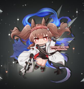 1girl absurdres angelina_(arknights) animal_ears arknights bag black_collar black_shoes black_shorts black_socks bright_pupils brown_hair chibi chibi_only coat collar commentary commission deformed earpiece english_commentary floating_hair fox fox_ears fox_girl full_body hairband highres infection_monitor_(arknights) jacket long_hair long_sleeves looking_at_viewer material_growth messenger_bag mininuffles multicolored_hairband open_clothes open_coat open_jacket originium_arts_(arknights) oripathy_lesion_(arknights) plump red_eyes red_hairband red_jacket shoes short_shorts shorts shoulder_bag socks solo striped_clothes striped_hairband twintails two-tone_hairband vgen_commission white_coat white_pupils