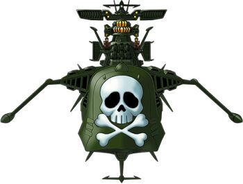 arcadia cannon harlock_saga lowres no_humans official_art science_fiction skull_and_crossbones solo spacecraft super_robot_wars super_robot_wars_t transparent_background turret vehicle_focus waga_seishun_no_arcadia