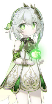 1girl bare_shoulders bracelet braid breasts cape crown_braid dendro_symbol_(genshin_impact) dress genshin_impact gradient_hair green_cape green_eyes green_hair hair_ornament highres jewelry leaf_hair_ornament long_hair looking_at_viewer multicolored_hair nahida_(genshin_impact) pointy_ears side_ponytail sidelocks sleeveless sleeveless_dress small_breasts solo symbol-shaped_pupils thighs white_dress white_hair yubeshi_(zecxl)