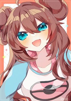 Rule 34 | 1girl, :d, blue eyes, blue sleeves, border, bow, breasts, brown hair, donut hair bun, double bun, hair bun, highres, long hair, looking at viewer, nintendo, open mouth, orange border, pink bow, poke ball print, pokemon, pokemon bw2, raglan sleeves, rosa (pokemon), shirt, simple background, smile, solo, sparkle, to camellia, twintails, upper body, white background, white shirt