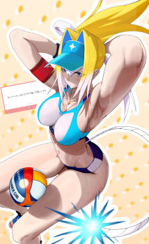 1girl absurdres adjusting_hair armband armpits ball between_thighs blonde_hair blue_eyes blue_hair bombergirl breasts buruma commentary_request hair_intakes highres jewelry large_breasts long_hair mouth_hold multicolored_hair necklace piropiro0215 platinum_(bombergirl) ponytail red_armband solo sports_bikini sports_bra volleyball_(object) white_hair