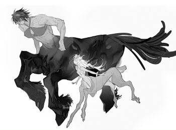 2girls centaur centauroid deer_girl full_body greyscale highres horns long_hair monochrome monster_girl multiple_girls muscular muscular_female original running s_xing_guowang short_hair simple_background taur white_background