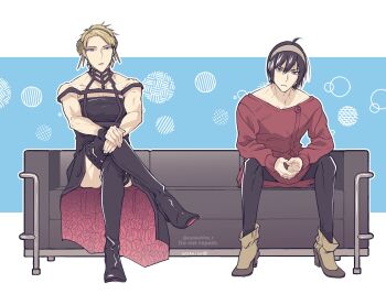 2boys artist_name bare_shoulders black_boots black_dress black_hair black_pantyhose blonde_hair blue_background blue_eyes boots brown_boots collarbone commentary_request cosplay couch crossdressing crossdressing_(mtf) crossed_legs dated dress earrings flower full_body gold_earrings gold_hairband grey_hairband hair_between_eyes hair_flower hair_ornament hairband high_heel_boots high_heels highres jewelry letterboxed looking_at_viewer male_focus multiple_boys pantyhose parted_bangs red_dress red_eyes red_sweater short_hair sitting spy_x_family sweater sweater_dress takehide thigh_boots toned toned_male twilight_(spy_x_family) twitter_username two-sided_dress two-sided_fabric yor_briar yor_briar_(cosplay) yuri_briar