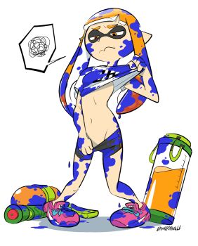 1girl bike_shorts bike_shorts_pull black_bike_shorts breasts clothes_lift clothes_pull dangerking11 embarrassed gun ink_tank_(splatoon) inkling inkling_girl inkling_player_character loli long_hair looking_down nintendo nipples orange_eyes orange_hair paint paint_on_body paint_on_clothes paint_splatter paint_splatter_on_face pink_shoes pointy_ears shirt shirt_lift shoes short_sleeves small_breasts sneakers speech_bubble splatoon_(series) splatoon_1 splattershot_(splatoon) squid_girl standing suction_cups tentacle_hair weapon white_background white_shirt