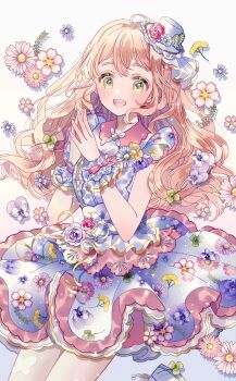 1girl absurdres blush breasts butterfly_hat_ornament clover collared_dress commentary_request dot_nose dress drop_shadow eyelashes fingernails floral_print floral_print_dress flower frilled_dress frilled_hat frilled_wrist_cuffs frills hands_up hat hat_ornament highres idol idol_clothes idolmaster idolmaster_cinderella_girls idolmaster_cinderella_girls_starlight_stage jumping layered_dress long_hair looking_at_viewer medium_breasts mini_hat multicolored_dress official_alternate_costume open_mouth own_hands_together pink_flower pink_hair pink_rose pink_trim print_dress purple_flower rose saionji_kotoka sakuraba_suzu shoes sidelocks simple_background sleeveless sleeveless_dress smile solo teeth thick_eyebrows tongue upper_teeth_only wavy_hair white_flower white_shoes wrist_cuffs yellow_eyes yellow_flower