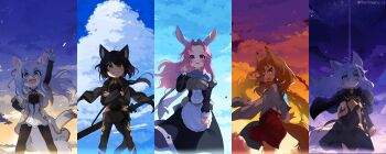 5girls :d ahoge alice_(ookami_hime_monogatari) animal_ear_fluff animal_ears apron arm_up armor backlighting black_cape black_capelet black_dress black_hair black_jacket blonde_hair blue_eyes blue_sky blush breastplate cape capelet cat_ears cat_girl cat_tail closed_mouth cloud cloudy_sky column_lineup commentary_request crossed_arms day dress dusk fang fangs floating_hair forehead fox_ears fox_girl fox_tail green_eyes grin hair_between_eyes hair_intakes hair_ornament hakama hakama_skirt highleg highleg_leotard highres jacket japanese_clothes leotard leotard_under_clothes long_hair long_sleeves looking_at_viewer looking_back low-tied_sidelocks low_ponytail miko multiple_girls night night_sky noche_(ookami_hime_monogatari) ookami_hime_monogatari open_mouth outdoors pantyhose philia_(ookami_hime_monogatari) pink_hair ponytail purple_sky rabbit_ears rabbit_girl red_eyes red_skirt scabbard scarf shao_(ookami_hime_monogatari) sheath sheathed short_dress short_shorts shorts sidelocks skirt sky smile standing star_(sky) starry_sky sufi_(ookami_hime_monogatari) sunrise sunset sword tail toba_hiyoko twilight twitter_username waist_apron waving weapon white_dress white_hair wind wind_lift wolf_ears wolf_girl wolf_tail yellow_eyes