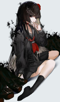 1girl absurdres black_hair black_sailor_collar black_serafuku black_shirt black_skirt blunt_bangs breasts brown_eyes choker commentary_request eyeliner fate/grand_order fate_(series) flower ghost_hands giant_hand hair_flower hair_ornament highres kagerou_4253 kneehighs komahime_(fate) long_hair long_sleeves looking_at_viewer makeup neckerchief red_neckerchief sailor_collar school_uniform serafuku shirt skirt small_breasts smile socks solo very_long_hair