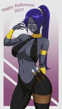 1girl 2023 absurdres armlet assassin_(fate/zero) assassin_(fate/zero)_(cosplay) bleach bracelet breasts cameltoe cleavage cosplay costume dark-skinned_female dark_skin earrings english_text fate/grand_order fate_(series) female_assassin_(fate/zero) female_assassin_(fate/zero)_(cosplay) female_focus halloween halloween_costume happy_halloween highres holding holding_mask hoop_earrings jewelry knife large_breasts long_hair mask navel parted_lips ponytail purple_hair reilchi sheath sheathed shihouin_yoruichi smile solo standing stomach thick_thighs thighs variant_set yellow_eyes