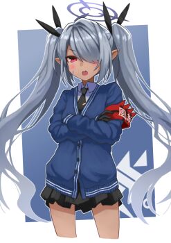 1girl armband black_necktie black_skirt blue_archive blue_background blue_cardigan blush cardigan commentary_request cowboy_shot crossed_arms dark-skinned_female dark_skin grey_hair hair_over_one_eye halo highres iori_(blue_archive) long_hair long_sleeves looking_at_viewer miniskirt necktie open_mouth pleated_skirt pointy_ears purple_halo red_eyes s_ibane skirt solo tie_clip twintails two-tone_background white_background