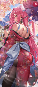 1girl absurdres ass black_gloves black_pantyhose cherry_blossoms closed_mouth coco_sakeko gloves goddess_of_victory:_nikke green_eyes highres holding holding_umbrella japanese_clothes kimono long_hair looking_at_viewer outdoors pantyhose pink_hair pink_kimono smile solo tongue tongue_out umbrella velvet_(nikke) very_long_hair