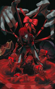 Rule 34 | 2girls, absurdres, andrich galam, blood, blood on face, bound, bow, broken umbrella, commentary, crying, crying with eyes open, disembodied hand, dual persona, english commentary, gloves, hands on another's leg, highres, leotard, long hair, multiple girls, persona, persona 5, persona 5 the royal, ponytail, red bow, red eyes, red hair, red leotard, sleeveless, strangling, tears, tied up (nonsexual), umbrella, violet (persona 5), white gloves, yoshizawa kasumi, yoshizawa sumire