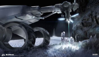 3others ben_lo concept_art crystal faceless fog helmet highres hole laser limited_palette mass_effect_(series) multiple_others outdoors painterly scenery space_helmet spacecraft spacesuit