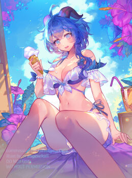 Rule 34 | 1girl, bikini, black horns, blue bikini, blue eyes, blue hair, breasts, cleavage, cup, drink, drinking straw, food, ganyu (genshin impact), genshin impact, highres, holding, holding food, holding ice cream, horns, ice cream, ice cream cone, long hair, medium breasts, navel, orange sekaii, solo, summer, swimsuit
