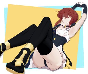 1girl absurdres ancient_greek_clothes armpits ass black_choker black_gloves black_panties black_ribbon black_thighhighs brian_(delknoder) choker commentary crossed_legs fate/strange_fake fate_(series) fingerless_gloves gloves greco-roman_clothes hair_ribbon highres hippolyta_(fate) interlocked_fingers looking_at_viewer panties red_hair ribbon short_hair sitting solo thighhighs thighs underwear yellow_eyes