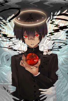 1boy apple black_hair black_shirt commentary_request double-parted_bangs food fruit hair_between_eyes halo hand_wings highres holding holding_food holding_fruit long_sleeves looking_at_viewer male_focus original parted_lips red_eyes sahi00000 shirt short_hair solo turtleneck turtleneck_shirt upper_body wings yellow_halo