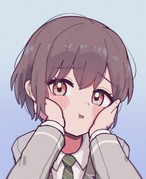 Rule 34 | absurdres, bang dream!, bang dream! it's mygo!!!!!, blue background, blush, brown eyes, cheek squash, chihaya anon, collared shirt, commentary request, diagonal-striped clothes, diagonal-striped necktie, female pov, gradient background, green jacket, green necktie, grey eyes, haneoka school uniform, highres, jacket, jin (jinkwon1147), long sleeves, looking at viewer, necktie, open mouth, pov, school uniform, shirt, striped clothes, takamatsu tomori, upper body, white shirt