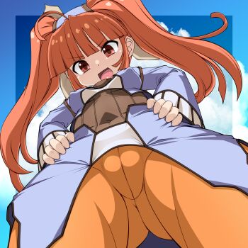 1girl absurdres breasts cloud commission dewprism from_below highres long_hair looking_at_viewer mint_(dewprism) nurugamer-kouyouju open_mouth orange_pantyhose pantyhose pixiv_commission smile solo twintails