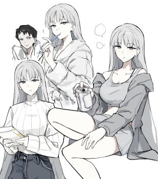 1boy 1girl angelica_(project_moon) beer_can black_hair black_pants blue_eyes book brushing_teeth can drink_can grey_jacket grey_shorts grey_tank_top highres holding holding_book holding_can jacket library_of_ruina long_hair looking_at_viewer pants parted_lips project_moon rai_(r2718281) ribbed_sweater roland_(project_moon) shorts smile sweater tank_top very_long_hair white_hair white_sweater