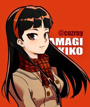 Rule 34 | 1girl, amagi yukiko, black hair, brown coat, character name, checkered clothes, checkered scarf, closed mouth, coat, commentary, cozray, hairband, light blush, long hair, looking at viewer, persona, persona 4, red background, red hairband, red scarf, scarf, solo, twitter username, upper body