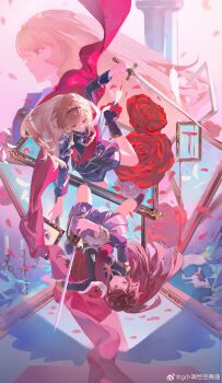 2girls absurdres arm_up belt belt_buckle black_boots black_hairband black_jacket black_skirt blonde_hair boots brown_hair buckle candlestand chaconne chinese_commentary closed_mouth column commentary_request duel empty_picture_frame epaulettes falling_feathers falling_petals feathers floating_hair flower full_body fur-trimmed_jacket fur_trim gradient_background grey_skirt hair_between_eyes hairband hand_up highres holding holding_sword holding_weapon jacket jacket_on_shoulders light_particles light_smile long_hair long_sleeves looking_at_another midair miniskirt multiple_girls multiple_views outstretched_arm parted_bangs petals picture_frame pillar pink_background pink_eyes pleated_skirt profile projected_inset purple_eyes red_flower red_jacket red_rose red_sash rose saijou_claudine sash shoujo_kageki_revue_starlight single_horizontal_stripe skirt striped_clothes striped_skirt sword tassel tendou_maya very_long_hair watermark weapon weibo_username weibo_watermark yellow_belt