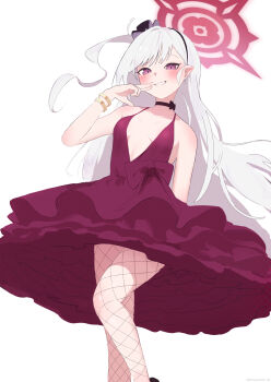 1girl absurdres black_choker black_hairband blue_archive blush bracelet breasts breasts_apart choker commentary_request cowboy_shot dress earrings fishnet_pantyhose fishnets frilled_dress frills grey_hair hairband halo hand_up highres jewelry long_hair looking_at_viewer mutsuki_(blue_archive) mutsuki_(dress)_(blue_archive) official_alternate_costume one_side_up pantyhose pincurchin_gi pink_eyes pointy_ears red_dress simple_background small_breasts smile solo standing standing_on_one_leg very_long_hair white_background
