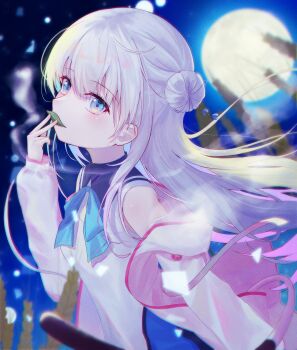 Rule 34 | 1girl, absurdres, anemoi, bare shoulders, blue bow, blue bowtie, blue eyes, blush, bow, bowtie, commentary request, covered mouth, dress, eyelashes, eyes visible through hair, film grain, floating hair, flowingcrescent, from side, full moon, grey hair, hair between eyes, hair bun, hand up, highres, holding, holding leaf, jacket, leaf, leaf in mouth, long hair, long sleeves, looking at viewer, moon, night, open clothes, open jacket, outdoors, pink jacket, sidelocks, single side bun, sleeveless, sleeveless dress, solo, tsujikura spica, upper body, v, very long hair, wheat, wheat field, white dress, wind