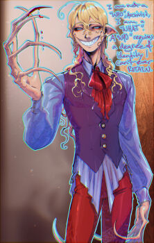 Rule 34 | 1boy, absurdres, ahoge, blackberreh-art, blonde hair, blue eyes, bow, commentary, crow's feet, curly hair, design speculation, distortion (tma), earrings, english commentary, grin, highres, jewelry, lips, long hair, male focus, michael shelley, monster boy, pointy ears, ribbon, sharp teeth, shirt, smile, teeth, the magnus archives, vest