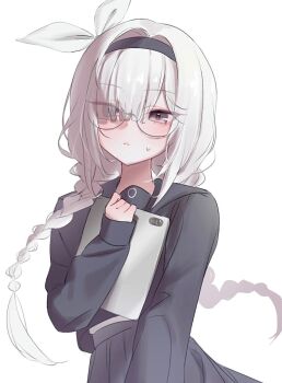 0219_142 1girl :c black_eyes black_hairband black_sailor_collar black_serafuku blue_archive bow braid bright_pupils commentary cowboy_shot eyelashes eyes_visible_through_hair glasses hair_between_eyes hair_bow hair_intakes hairband highres ipad light_blush long_hair long_sleeves plana_(blue_archive) pleated_skirt red_pupils round_eyewear sailor_collar school_uniform serafuku sidelighting simple_background skirt solo sweatdrop tablet_pc twin_braids upper_body white_background white_bow white_hair white_sleeves