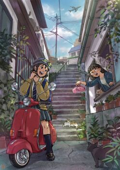 2girls adjusting_strap aircraft airplane animal black_eyes black_hair blue_necktie blue_sky blush_stickers building cardigan cat commentary condenser_unit day glasses goggles goggles_on_headwear gutter helmet highres holding jet jet_airliner loafers moped motor_vehicle motorcycle_helmet multiple_girls nanami_tomorou necktie open_mouth original plant pleated_skirt potted_plant power_lines railing school_uniform shoes short_hair skirt sky socks stairs striped_necktie symbol-only_commentary window