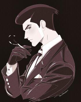 1boy between_fingers brown_theme cigarette closed_mouth collared_shirt cropped_torso gloves highres holding jacket long_sleeves looking_at_viewer male_focus mature_male megadeus_mommy monochrome necktie roger_smith shirt short_hair sideburns signature solo striped_clothes the_big_o v-shaped_eyebrows vertical-striped_clothes vertical-striped_necktie