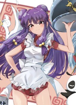 Rule 34 | 1girl, apron, bell, bird, blush, bow, chinese clothes, commentary request, double bun, dress, duck, floral print, hair bell, hair bow, hair bun, hair ornament, hand on own hip, highres, holding, holding tray, long hair, maid apron, mousse (duck) (ranma 1/2), p-chan (ranma 1/2), panda, pig, purple hair, ranma 1/2, red dress, red eyes, saotome genma (panda), sasai tuki, scarf, shampoo (ranma 1/2), sidelocks, smile, tray, white apron, yellow bow
