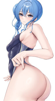 1girl absurdres ass ass_focus black_one-piece_swimsuit blue_eyes blue_hair breasts furrowed_brow highres hololive hoshimachi_suisei huge_ass laimer looking_at_viewer one-piece_swimsuit side_ponytail simple_background small_breasts solo star_(symbol) star_in_eye swimsuit symbol_in_eye white_background