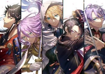 5boys absurdres aqua_eyes armor blonde_hair brown_hair gloves grin gun hachisuka_kotetsu handgun highres hood japanese_armor japanese_clothes kasen_kanesada kashuu_kiyomitsu katana kote long_hair male_focus mole mole_under_mouth multiple_boys mutsu-no-kami_yoshiyuki noes petals ponytail purple_hair red_eyes red_scarf revolver scarf shoulder_armor smile sode split_screen sword touken_ranbu weapon white_gloves yamanbagiri_kunihiro yellow_eyes