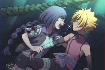 1boy 1girl ariamikukanzaki black_gloves black_pants black_shorts blonde_hair blood blood_on_arm blood_on_clothes blood_on_face blue_eyes boruto:_naruto_next_generations braid braided_ponytail clenched_teeth commentary crying elbow_gloves english_commentary fingerless_gloves gloves holding_another&#039;s_wrist jacket kakei_sumire kunai long_hair naruto_(series) open_mouth pants pink_shirt purple_eyes purple_hair shirt short-sleeved_jacket short_sleeves shorts signature single_braid sleeveless sleeveless_shirt tears teeth turtleneck turtleneck_shirt uzumaki_boruto very_long_hair weapon white_shirt