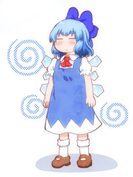 Rule 34 | 1girl, ascot, blue bow, blue dress, blue hair, blush, bow, brown shoes, cirno, closed eyes, closed mouth, collared shirt, commentary request, detached wings, dress, facing viewer, full body, hair bow, highres, ice, ice wings, matty (zuwzi), pinafore dress, puffy short sleeves, puffy sleeves, red ascot, shirt, shoes, short sleeves, sleeveless, sleeveless dress, socks, solo, touhou, white shirt, white socks, wings