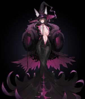 Rule 34 | absurdres, alternate costume, animal ears, azur lane, black background, black dress, black hair, black hat, breasts, dishwasher1910, dress, fox ears, fox girl, full body, fur trim, hat, highres, large breasts, large hat, long hair, long sleeves, looking at viewer, musashi (azur lane), navel, parted lips, simple background, smile, standing, wide sleeves, witch hat, yellow eyes