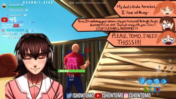 1boy 3girls azumanga_daiou blue_pants blush brown_hair commentary commit_dead crying d: english_commentary english_text fake_screenshot fortnite gameplay_mechanics glasses headphones holding holding_pencil instagram_logo ishowspeed ishowspeed_trying_not_to_laugh_(meme) livestream long_hair meme mihama_chiyo mizuhara_koyomi multiple_girls o_o open_mouth orange_hair pants pencil pink_shirt profanity rectangular_eyewear red_shirt sailor_collar shirt smile streaming_tears takino_tomo tears twintails twitter_logo twitter_username upper_body user_interface white_sailor_collar youtube youtube_logo