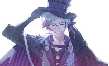 1boy ^_^ adjusting_clothes adjusting_headwear bettel_2_(gavis_bettel) black_gloves blue_hair closed_eyes glasses gloves grey_hair hat highres holostars holostars_english long_sleeves low_side_ponytail lynnear male_focus multicolored_hair pink_hair smile solo teeth top_hat virtual_youtuber white_background