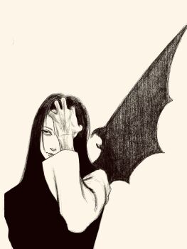 1girl bat_wings black_hair different_shadow greyscale hand_on_own_head highres long_hair monochrome original shadow single_wing solo tp_p_pt white_background wings