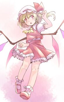 1girl ascot blonde_hair collared_shirt commentary_request crystal_wings flandre_scarlet frilled_socks frills full_body hand_up hat hat_ribbon knees light_blush mary_janes mob_cap one-hour_drawing_challenge open_mouth petticoat pointy_ears puffy_short_sleeves puffy_sleeves rangycrow red_eyes red_ribbon red_shoes red_skirt red_vest ribbon shirt shoes short_sleeves side_ponytail sideways_glance skirt socks solo touhou vest white_hat white_socks wings yellow_ascot