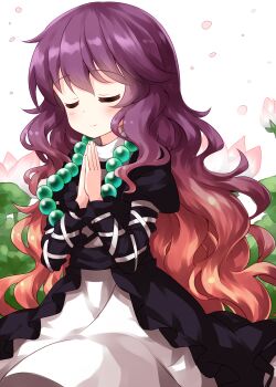 Rule 34 | 1girl, beads, blush, brown hair, closed eyes, closed mouth, commentary request, dress, flower, gradient hair, highres, hijiri byakuren, kneeling, layered dress, lily pad, long hair, lotus, multicolored hair, one-hour drawing challenge, petals, praying, purple hair, ruu (tksymkw), solo, touhou, turtleneck, wavy hair