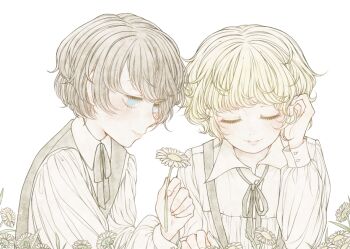 Rule 34 | 2boys, black hair, black ribbon, black vest, blonde hair, closed eyes, closed mouth, collared shirt, commentary, eleanor (ohmyeleanor), english commentary, flower, hand in own hair, holding, holding flower, light blush, male focus, multiple boys, neck ribbon, original, parted lips, ribbon, shirt, short hair, sidelocks, simple background, smile, suspenders, vest, victorian, white background, white flower, white shirt, yaoi