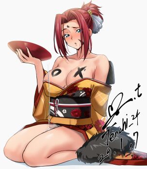 1girl absurdres alcohol alternate_costume alternate_hairstyle blue_eyes body_writing breasts code_geass commentary_request cup dated grey_background hair_up high_ponytail highres japanese_clothes kimono kouzuki_kallen large_breasts obi obijime off_shoulder open_mouth ponytail pouring pouring_onto_self red_hair sakazuki sake sash seiza short_hair signature sitting solo thighs wakamezake yellow_kimono yoo_tenchi