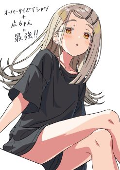 1girl :o black_shirt blonde_hair blush collarbone colored_eyelashes commentary_request crossed_legs earrings feet_out_of_frame flipped_hair from_below gakuen_idolmaster gradient_hair grey_hair hair_ornament hairclip highres idolmaster jewelry kousuke0912 looking_at_viewer multicolored_hair naked_shirt open_mouth orange_eyes parallel_hairclips parted_bangs shinosawa_hiro shirt short_sleeves simple_background sitting solo stud_earrings t-shirt translation_request white_background