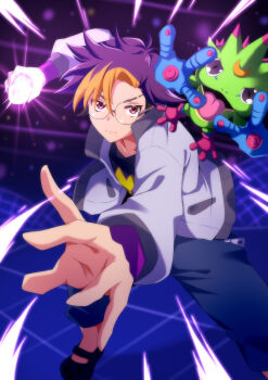 1boy absurdres black_shirt blonde_hair blue_hair blue_pants commentary_request digimon digimon_(creature) digimon_beatbreak gecko gekkomon glasses glowing highres jacket male_focus multicolored_hair pandacross pants purple_eyes round_eyewear sapotama shirt short_hair tenma_tomoro tongue tongue_out two-tone_hair white_jacket