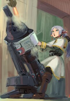 1girl :o artist_name black_pantyhose boots brown_boots capelet commentary crossover dated elf english_commentary fire firing frieren full_body gold_trim green_eyes halo_(series) halo_3 highres holding holding_weapon kanokoga lau-65d/sgm-151 leaning_back long_hair long_pointy_ears long_sleeves missile_pod pantyhose parted_lips pointy_ears rocket rocket_launcher shirt signature skirt sleeve_cuffs smoke solo sousou_no_frieren standing striped_clothes striped_shirt thick_eyebrows twintails v-shaped_eyebrows weapon white_capelet white_skirt