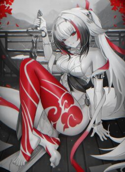 1girl absurdres barefoot black_hair breasts china_dress chinese_clothes commentary dress english_commentary highres holding holding_sword holding_weapon large_breasts leg_tattoo limited_palette long_hair multicolored_hair official_alternate_color pelvic_curtain puppnett red_eyes red_hair smile solo streaked_hair sword tattoo very_long_hair weapon white_dress white_hair ye_shunguang zenless_zone_zero