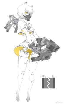 1girl clothes_writing covered_mouth crop_top cropped_shirt cyborg full_body highres holding liren44 looking_at_viewer machine mask mechabare mechanical_arms mechanical_hands mechanical_legs mechanical_spine metal miniskirt monochrome neckerchief original pleated_skirt respirator roman_numeral sailor_collar science_fiction short_hair short_sleeves skirt solo spot_color watermark weibo_watermark yellow_eyes