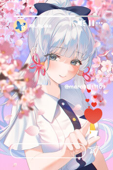 Rule 34 | 1girl, alternate costume, ayaka (genshin impact), black bow, blunt bangs, blunt tresses, blurry, bow, branch, cherry blossoms, chromatic aberration, closed mouth, collared shirt, commentary, depth of field, falling petals, flower, flower knot, genshin impact, grey eyes, hair bow, hair ribbon, hair tubes, hand up, heart, high ponytail, light blush, long hair, looking at viewer, mnrabbit1109, mole, mole under eye, pause button, petals, pink flower, pink ribbon, pointing, ponytail, progress bar, ribbon, shirt, short sleeves, smile, social network, solo, tress ribbon, twitter username, untranslatable commentary, user interface, volume symbol, white hair, white shirt